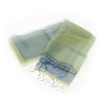 まるで羽衣のような軽やかさが特徴のとても使いやすいシルクスカーフ 花衣 はなごろも SAKAMOTO COLLECTION Silk organza scarf flower clothing yellow & navy gradation　です。人の手の作り出す温かみと繊細さと緻密さ、イエローとネイビーの組み合わせが新鮮、外出時やオフィスなどでの冷房対策としても活躍しそう。  #シルクスカーフ #silkscarf #オーガンジースカーフ #イエローとネイビー #ストール #花衣 #手織り #手染め #冷房対策 #プレゼント #軽いスカーフ #坂本これくしょん #会津  イメージ写真1