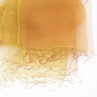 まるで羽衣のような軽やかさが特徴のとても使いやすいシルクスカーフ 花衣 はなごろも SAKAMOTO COLLECTION Silk organza scarf flower clothing Orange & Mimosa gradation 人の手の作り出す温かみと繊細さと緻密さ、淡いオレンジから濃いミモザ色へと変わるグラデーションカラーが重なり合って奥行を演出、外出時やオフィスなどでの冷房対策としても活躍しそう。 イメージ写真3