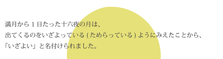 満月から１日たった十六夜の月は、出てくるのをいざよっている（ためらっている）ようにみえたことから、「いざよい」と名付けられました。