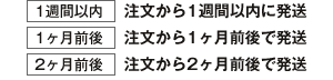 1週間以内　注文から1週間以内に発送。1ヶ月前後　注文から1ヶ月前後に発送。2ヶ月前後　注文から2ヶ月前後に発送。